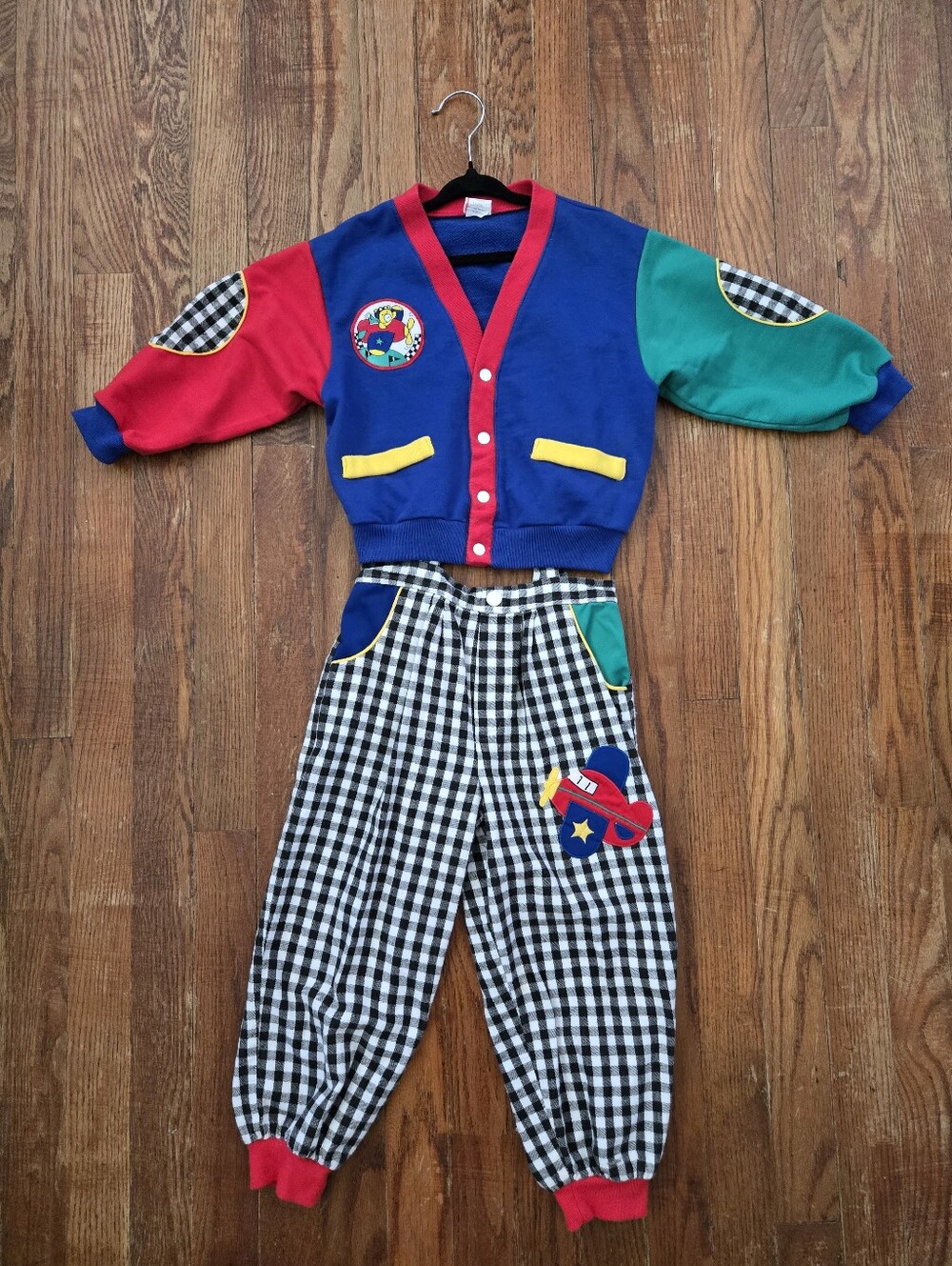 VTG Toddler 4T Matched Set Checked Suspender Pants Jacket Airplane Colorblock